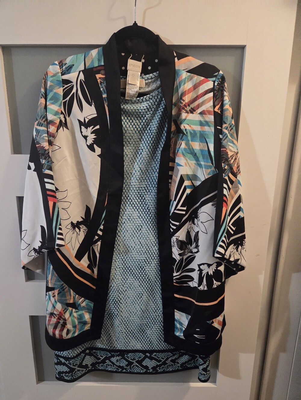 Chico's Multicolor Printed Open-Front Kimono Jacket with Black Trim